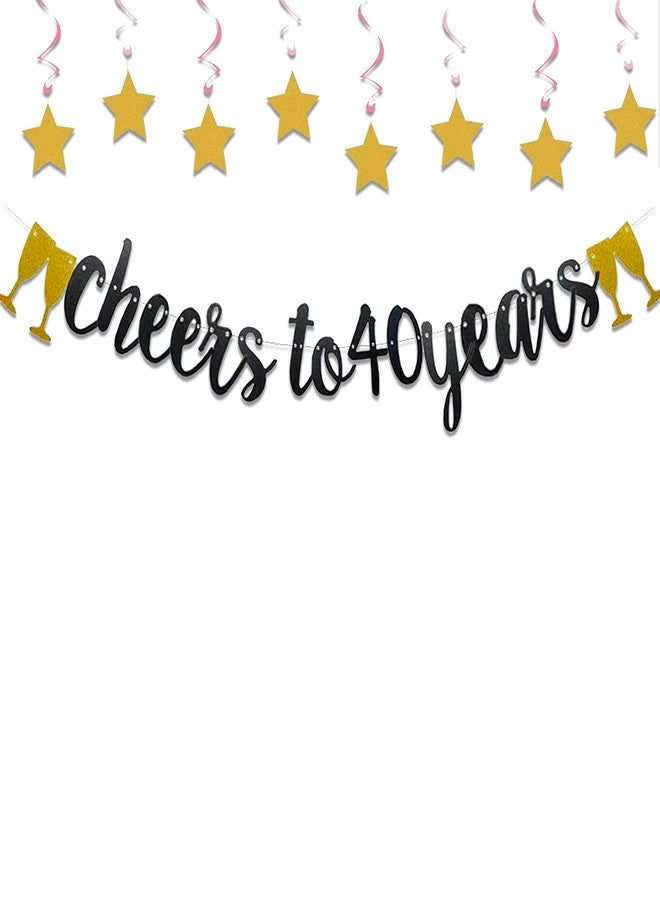 Festiko®40th Birthday Decoration Cheers to 40 Years Decor for Men Women Him Her Happy 40th Birthday Wedding Anniversary Party Supplies Black Glitter Decorations Combo(Banner,Swirls) - Image 1